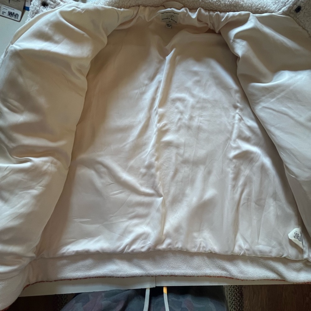 ivory ella Cream Sherpa Jacket with Brown and Orange Accents - Picture 4 of 6